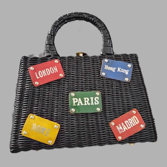 Vintage 1960's Black Wicker Handbag with Colorful Plaques By ADG Fashion Import - Picture 4 of 10